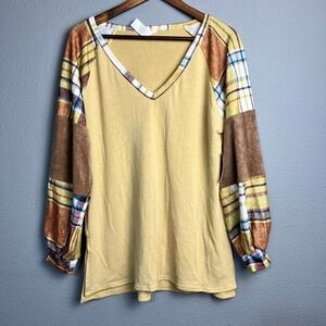 BIBI Plaid Patchwork Mixed Media Soft Long Sleeve V-Neck Top Casual Blouse Small